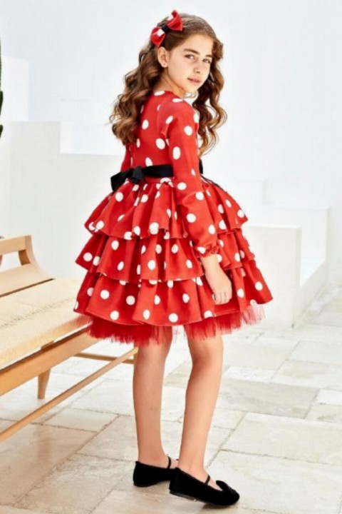 Girl's Waist Ribbon Detailed Layered Polka Dot Red Evening Dress 100326985