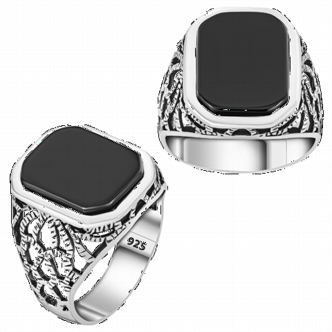 Symmetrical Pattern Onyx Stone Silver Ring 100350318