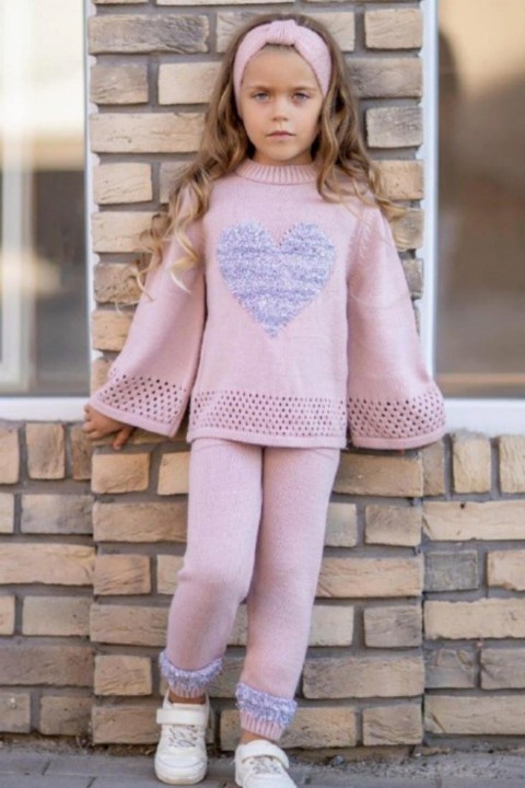 Tracksuits, Sweatshirts - Girl's Heart Embroidered Hole Knitwear Tracksuit Set 100327048 - Turkey