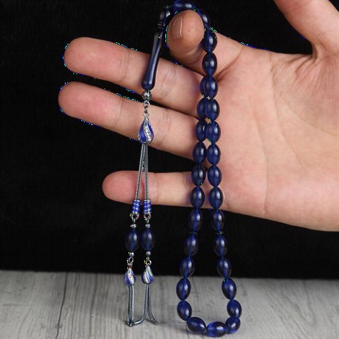 Blue Color Barley Cut Silver Tassel Detailed Fire Amber Rosary 100349385
