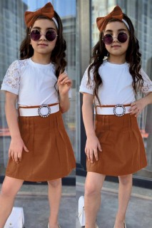 Kids - Girl's Shoulder Lace Embroidered and Bandana Brown Gabardine Skirt Suit 100328287 - Turkey