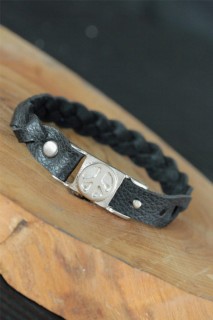 Bracelet - سوار جلد أسود للرجال رمز السلام 100327904 - Turkey