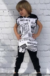 Boy Clothing - بدلة رياضية للأولاد سوداء وبيضاء مطبوعة بقلنسوة نيويورك وجيب كانغارو 100327519 - Turkey
