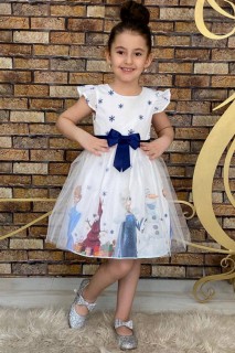 Kids - Girl Snow Queen Printed and Ruffled Sleeves White Dress 100328212 - Turkey
