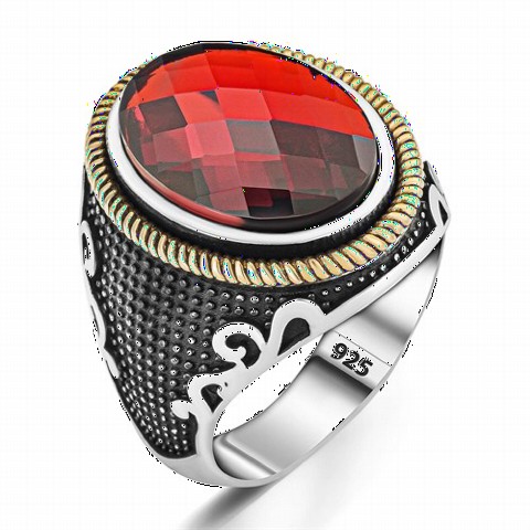 Zircon Stone Rings - Dot Patterned Red Zircon Stone Silver Ring 100350380 - Turkey