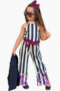 Boy's Throat Detailed Floral Printed and Purple Belted Blazer Jacket Jumpsuit 100327517