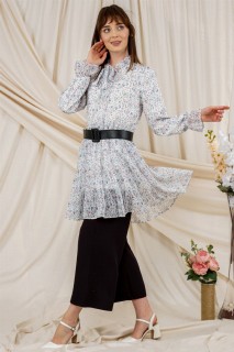 Women's Floral Patterned Belt Detailed Wide Cut Tunic 100326108