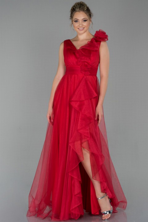 Woman Clothing - Evening Dress Ruffled Leg Decollete Long Tulle Evening Dress 100297324 - Turkey