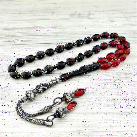 Red Color Transition Silver Kazaz Tasseled Fire Amber Rosary 100349374