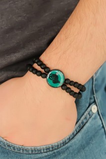 Green Metal Black Ottoman Tugra Figured Black Color Double Row Natural Stone Men's Bracelet 100318489