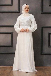 Wedding & Evening - Ecru Hijab Evening Dress 100337578 - Turkey