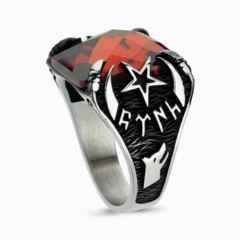 Silver Rings 925 - Zircon Stone Sterling Silver Ring with Crescent and Star on the Sides, Göktürk Turkish and Homeland Written 100348105 - Turkey