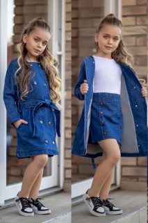 Girl's Trench Coat and Button Detailed Denim Blue 4-Skirt Suit 100328690