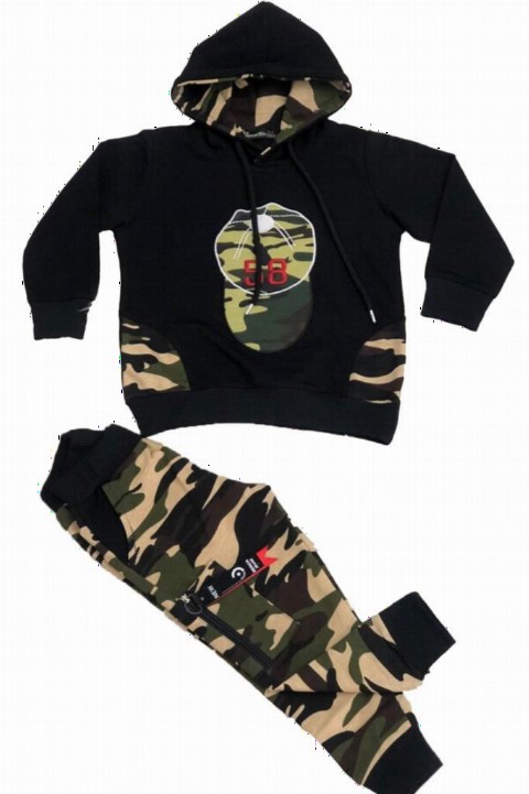Boy Clothing - Boys Hat Printed Camouflage Patterned Black Tracksuit Suit 100327068 - Turkey