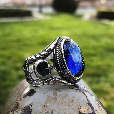 Sterling Silver Ring with Blue Stone, Crescent, Star and Tugra 100349217