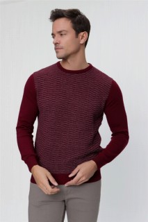 Zero Collar Knitwear - Men's Claret Red Cycling Crew Neck Dynamic Fit Comfortable Cut Knit Pattern Knitwear Sweater 100345135 - Turkey