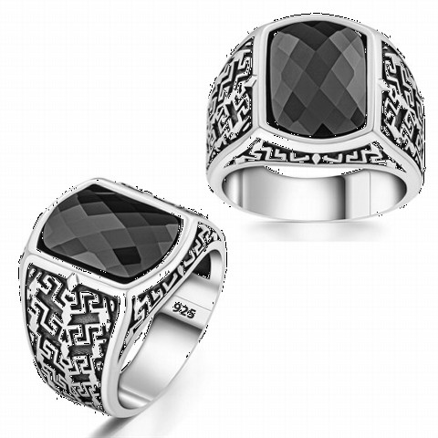 Men - Zircon Stone Greek Pattern Motif Sterling Silver Ring 100350274 - Turkey