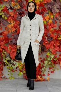 Outwear - Beige Hijab Knitwear Cardigan 100345037 - Turkey