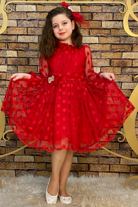 Outwear - فستان أحمر بولكا منقط بياقة مكشكشة ومفصل وشفاف للفتيات 100328685 - Turkey