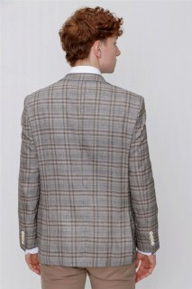 Men's Brown Linen Woven Plaid Checked Dynamic Fit Casual Fit 6 Drop Jacket 100350889