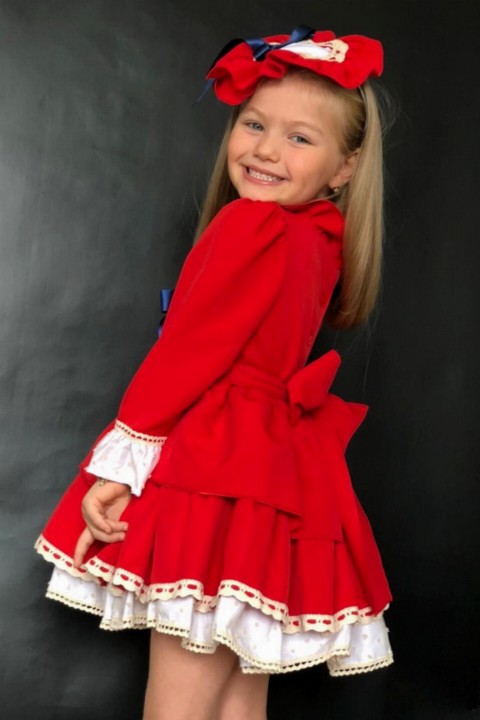 Girls' apron Collar Button Detailed Red Dress with Layered Tulle 100327122