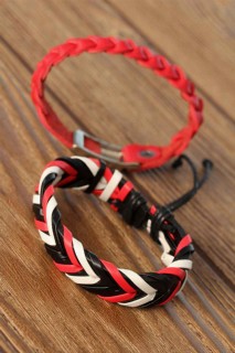 Black Red Color Leather Men's Bracelet Combined 100318428