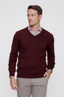 Men Clothing - Men's Dark Claret Red Dynamic Fit Basic V Neck Knitwear Sweater 100345105 - Turkey