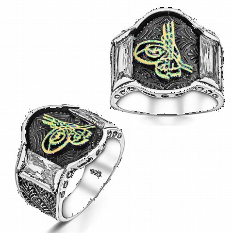 Zircon Stone Ottoman Tugra Silver Men's Ring 100349170