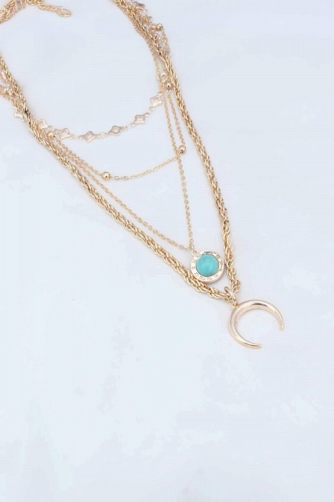 Crescent Figured Blue Bead Detail Gold Color Women's Necklace 100327537