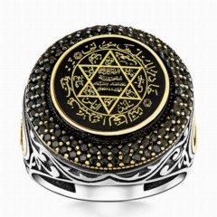 Seal of Prophet Solomon Embroidered Zircon Stone Silver Men's Ring Black 100348146