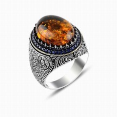 mix - Drop Amber Stone Handcrafted Pen Motif Sterling Silver Ring 100347939 - Turkey