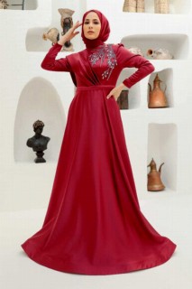 Evening & Party Dresses - Claret Red Hijab Evening Dress 100340007 - Turkey