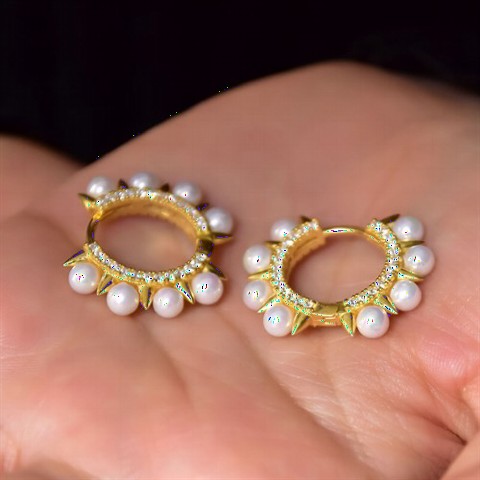 Earrings - Stud Patterned Pearl Silver Earrings 100349999 - Turkey