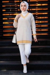 Coat - Mustard Hijab Knitwear Jumper 100345042 - Turkey