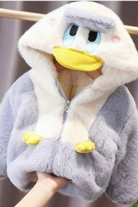 Coat, Trench Coat - Veste en peluche grise à capuche Boy Duck 100327060 - Turkey