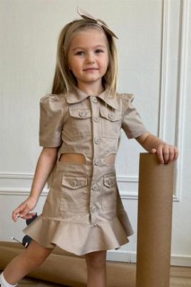 Girl Clothing - فستان بناتي جديد بخصر مفتوح من الأمام باللون البيج مع زر وحافة كشكش 100328290 - Turkey