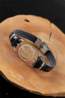 Bracelet - Silver Color Elif Vav Black Color Leather Men's Bracelet With Metal Accessories 100318812 - Turkey
