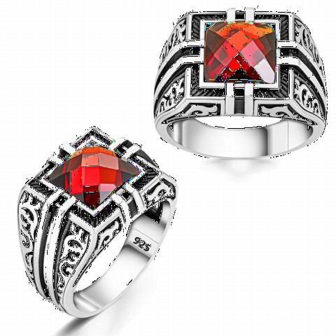 Others - Red Square Stone Strip Pattern Sterling Silver Ring 100350252 - Turkey