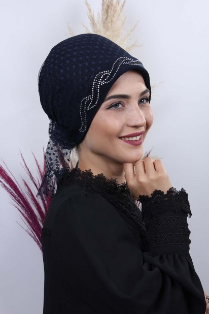 Woman Bonnet & Hijab - Tulle Polka Dot Leaf Bone Navy Blue 100285043 - Turkey