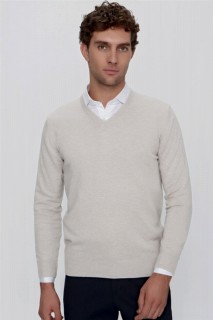 Men Clothing - Men's Beige Basic Dynamic Fit Relaxed Cut V Neck Knitwear Sweater 100345152 - Turkey