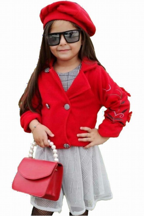 Outwear - Girl's New Fleece Jacket and Beret Hat Plaid Red Dress 100328177 - Turkey