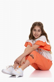 Girl's Sleeves Frilly and Unicorn Pony Printed Orange Tracksuit Suit 100328259