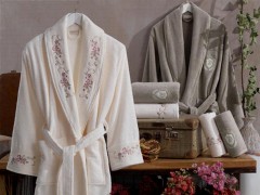 Set Robe - Gardenya Luxury Bestickter Baumwoll-Bademantel-Set Creme Beige 100259773 - Turkey