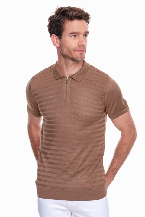 Men's Mink Striped Pattern Polo Collar Dynamic Fit Comfort Fit Zippered Knitwear T-Shirt 100351250