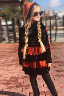 Outwear - Girl's Hooded Stripe Detailed Layered Tile-Black Velvet Dress 100327159 - Turkey