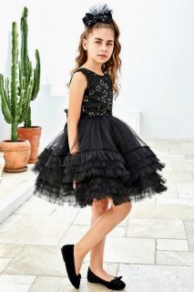 Kids - Girls' Black Evening Dress with Sequin Flower Embroidered and Fluffy Skirt and Tulle 100327665 - Turkey