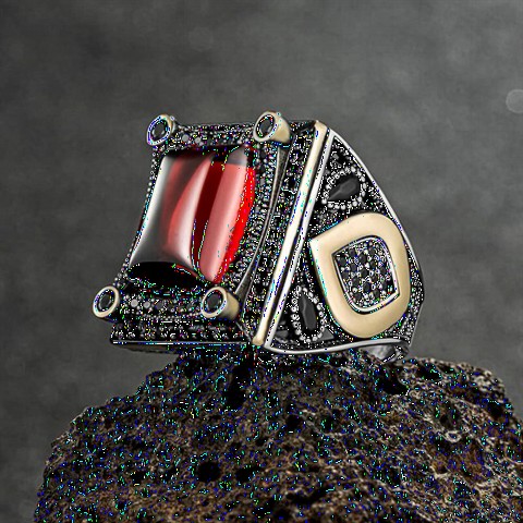 Men - Red Square Sterling Silver Ring 100349183 - Turkey