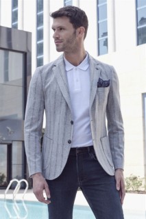 Men Clothing - Men's Gray Slim Fit Slim Fit Striped 6 Drop Knitted Jacket 100351333 - Turkey
