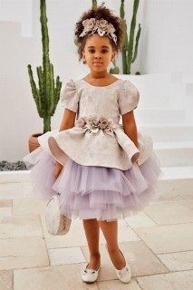 Girl Clothing - Girl's Fluffy Flower Embroidered and Waist Brooch Watermelon Sleeve Lilac Evening Dress 100327759 - Turkey