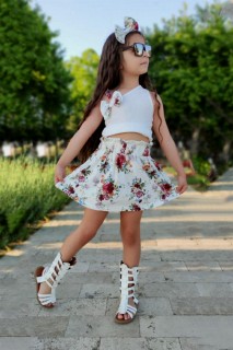 Girls - Weißer Rockanzug mit Blumenmuster vorne und Schleife für Mädchen 100328498 - Turkey